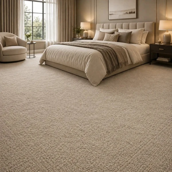 Beige plush wall to wall carpet in luxury bedroom