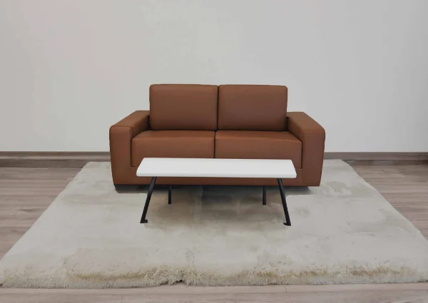 Brown-leather-sofa-and-white-coffee-table-on-beige-rug