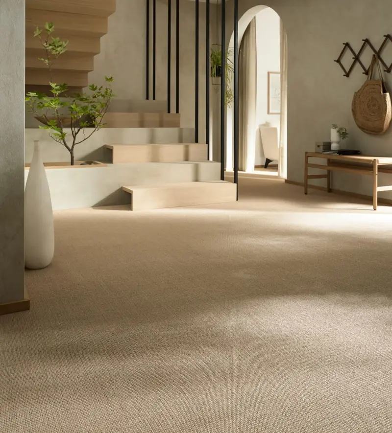 Neutral beige woven carpet in modern entry space.