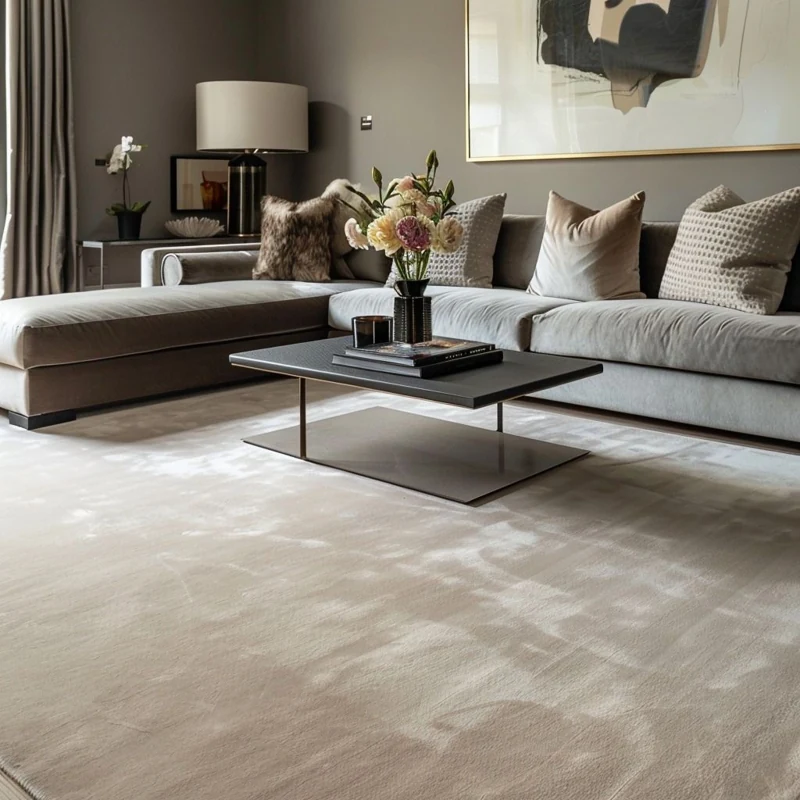 Plush beige rug under coffee table and sofa
